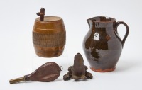 Redware Pitcher, Keg, Shot Pouch, and Frog Sprinkler - 2