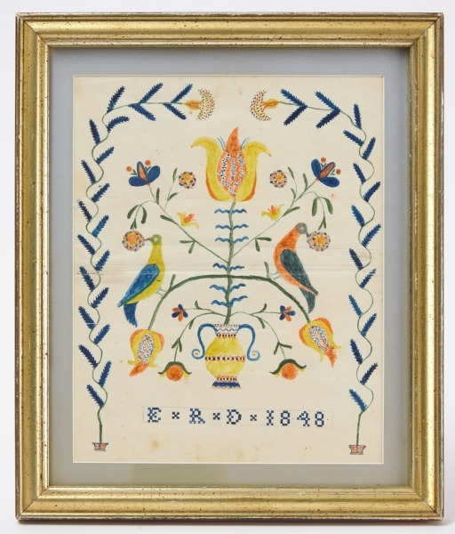 Fraktur Watercolor of Two Birds and Potted Plant