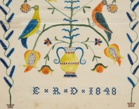 Fraktur Watercolor of Two Birds and Potted Plant - 2