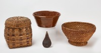 Two Woven Baskets, Powder Flask, and Pottery Bowl - 2