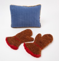 Pair of Wool Mittens and Hooked Wool Pillow - 3