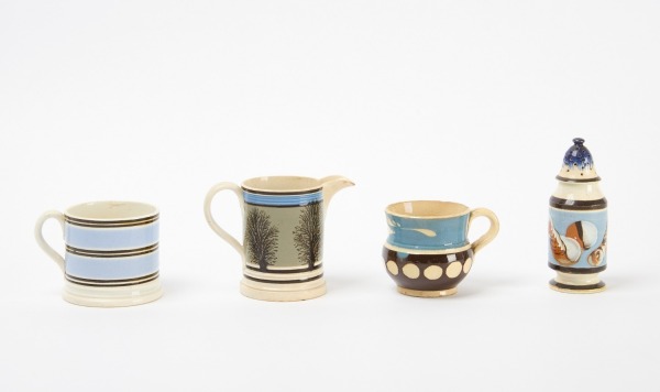 Four Mochaware Items, Including Earthworm Pepper Pot
