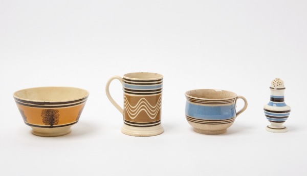 Mochaware Group with a Pepper Pot, Two Bowls, and Mug