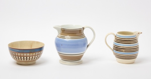 Two Mochaware Pitchers and a Bowl