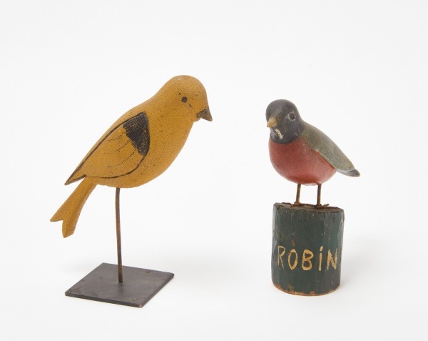 Two Carved Folk Art Songbirds