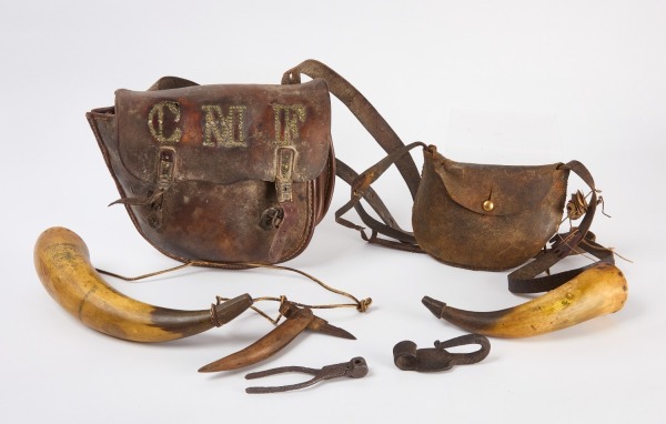 Two Powder Horns with Frontier Leather Satchels