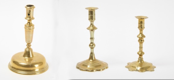 Two Queen Anne Brass Candlesticks and a Single Early Stick
