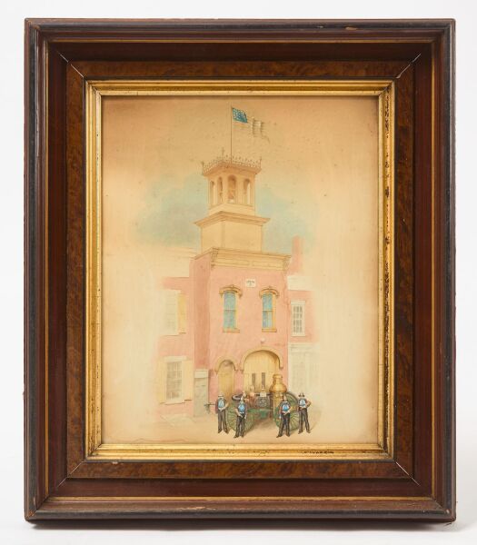 Watercolor of Firehouse with Fireman