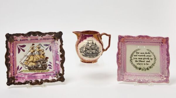 Two Sunderland Lustreware Plates and Pitcher with Ship Portrait