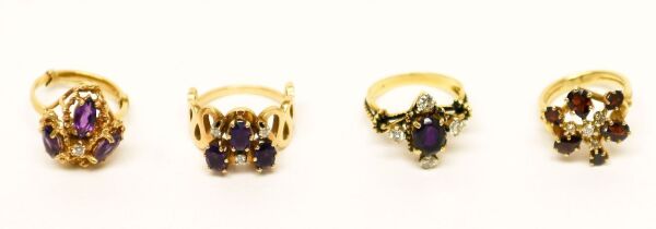 Four 14k Gold Rings with Garnet and Amethyst