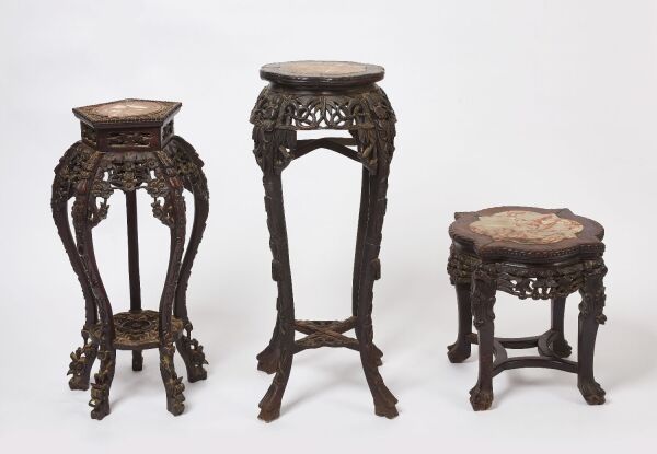 Three Chinese Carved Tables with Marble Tops