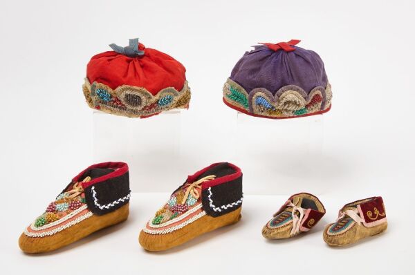 Two Pairs of Beaded Moccasins and Two Caps