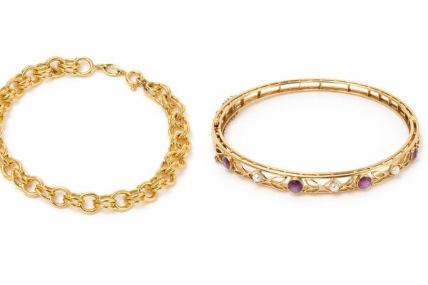 18k Chain Link Bracelet and 14k Bracelet with Amethyst and Opal