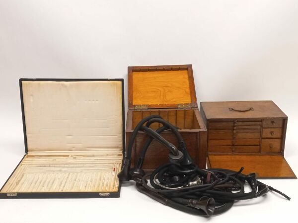 Pfizer Glassware Set, Dictaphone Horns, and Dental Multi-Drawer Cabinet