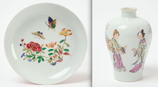 Chinese Famile Rose Flower Vase and Plate with Butterflies