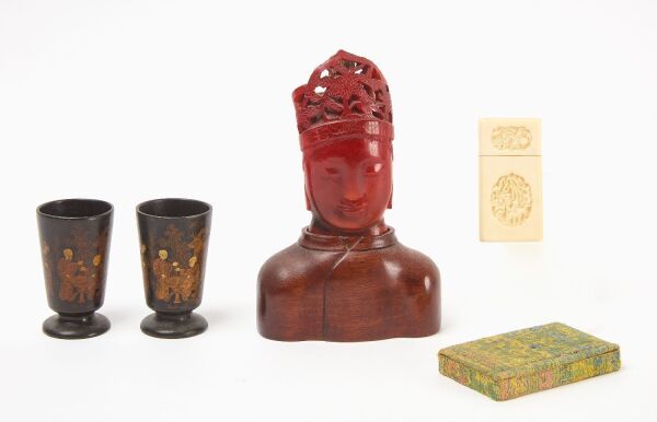 Pair of Chinoiserie Cups, Card Case, and Bust of Guanyin