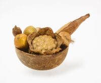 Burl Bowl with Group of Paper Mache Vegetables