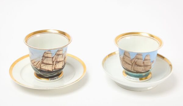 Pair of Porcelain Cups and Saucers with Ship Portraits
