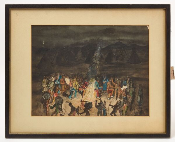 Early Native American Fire Dance Watercolor