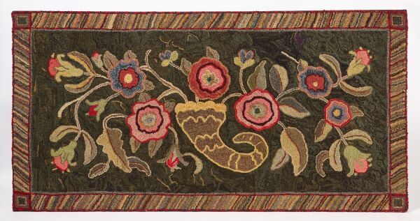 Hooked Rug with Cornucopia of Flowers