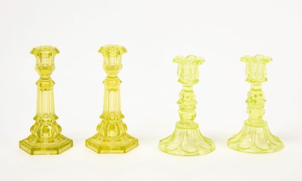 Two Pairs of Glass Candlesticks in Canary Yellow