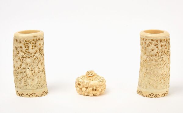 Pair of Japanese Brush Pots and Thousand Faces Box