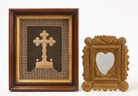 Tramp Art Mirror and Framed Parchmentcraft Cross