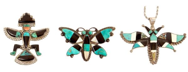 Two Zuni Pins and Moth Necklace