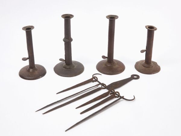 Four Hogscraper Candlesticks with Iron Skewer Holder