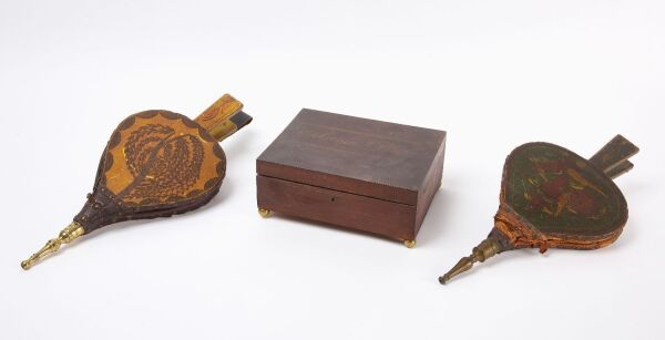 Early Painted Sewing Box and Two Painted Bellows