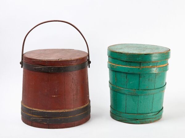 Large Red Firkin and Green Lidded Bucket