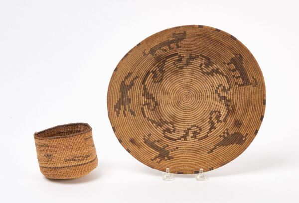 Native American Pictorial Basket Tray and Small Bowl