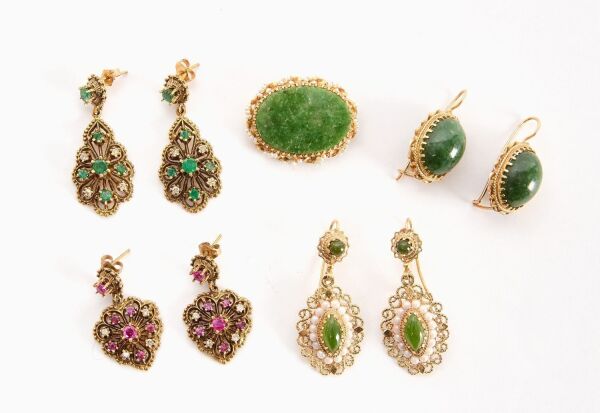 Four Pairs of 14k Gold Earrings, and Pin