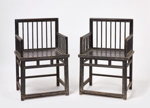 Pair of Black Lacquer Chinese Spindle Chairs