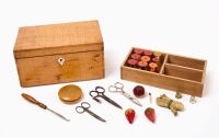 Shaker Tiger Maple Sewing Box with Painted Loom Spindles