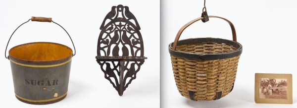 Small Folk Bird Shelf, Sugar Bucket, and Apple Basket with Related Photograph