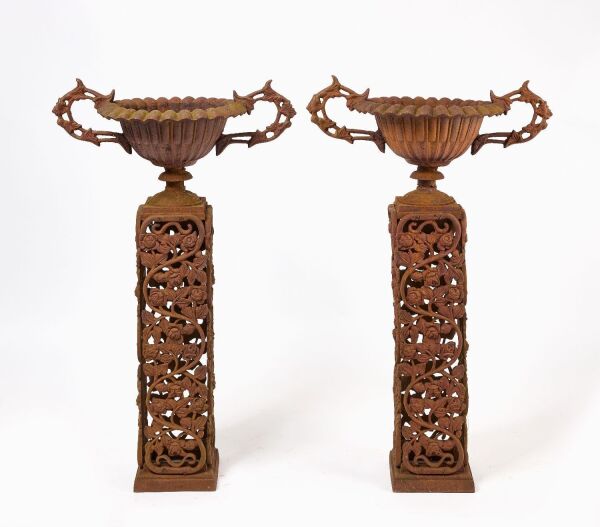 Pair of Floral Pedestal Garden Urns