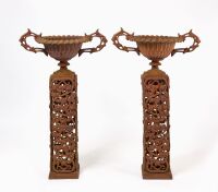 Pair of Floral Pedestal Garden Urns
