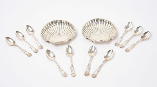 Ten Ball Black & Co Silver Spoons and Pair of Gorham Sterling Scallop Dish