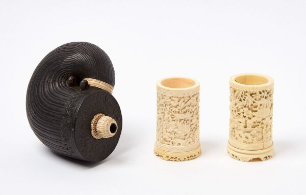Pair of Chinese Brush Pots, and Indian Powder Flask