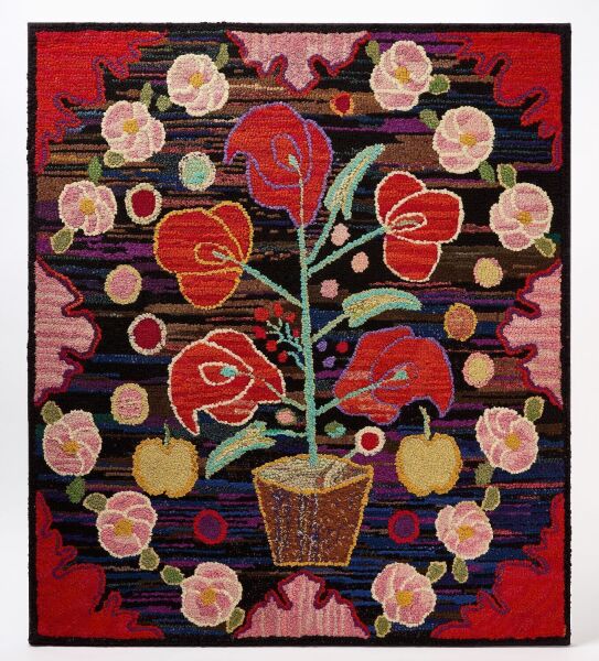 Hooked Rug with Pot of Flowers