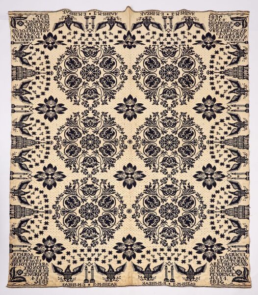 1836 Agriculture and Manufacture Blue and White Coverlet