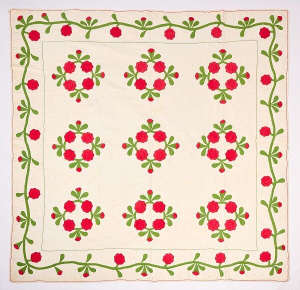 Applique Trapunto Quilt with Rose Wreaths