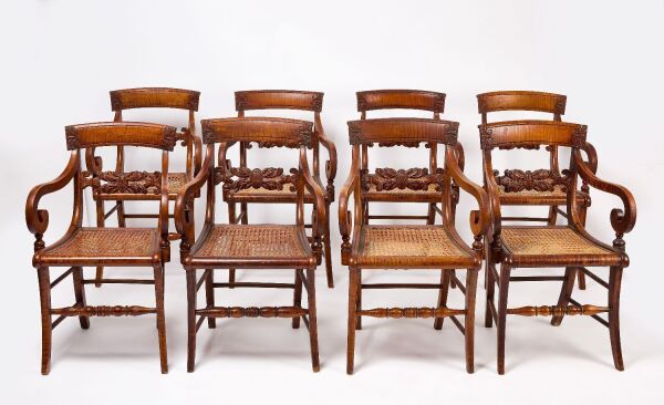Set of Eight Tiger Maple Carved Armchairs