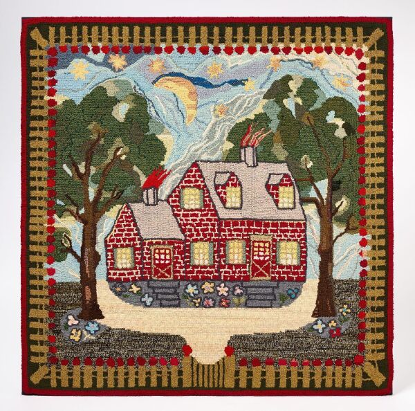 Hooked Rug with House and Pickett Fence