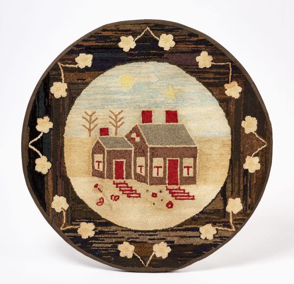 Round Hooked Rug with House