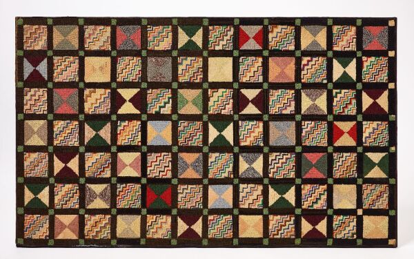 Hooked Rug with Geometric Square Pattern