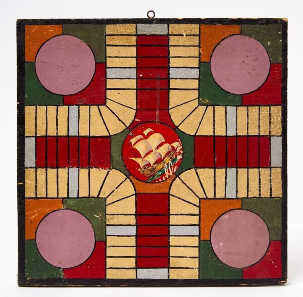 Parcheesi Gameboard with Checkers and Ship Portrait