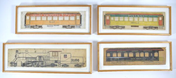 Group of Four Folk Art Train Drawings