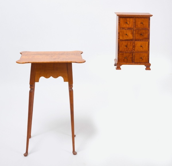Tiger Maple Apothecary Drawers and Porringer Table